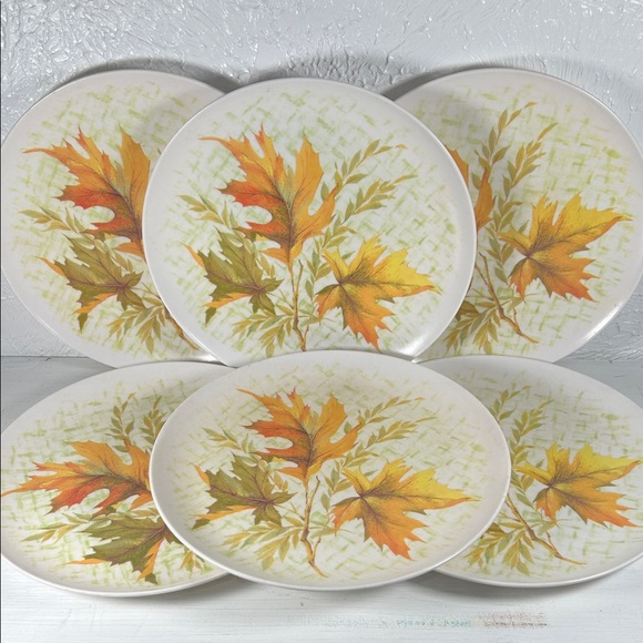 Other - Autumn Leaf Dinner Plates - Set of 6 (White with Orange & Green)